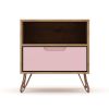 Manhattan Comfort Rockefeller 1.0 Mid-Century Modern 1-Drawer Nightstand in Nature & Rose Pink