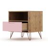 Manhattan Comfort Rockefeller 1.0 Mid-Century Modern 1-Drawer Nightstand in Nature & Rose Pink