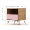 Manhattan Comfort Rockefeller 1.0 Mid-Century Modern 1-Drawer Nightstand in Nature & Rose Pink