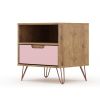 Manhattan Comfort Rockefeller 1.0 Mid-Century Modern 1-Drawer Nightstand in Nature & Rose Pink