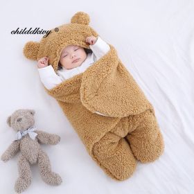 Soft Newborn Baby Wrap Blankets Baby Sleeping Bag Envelope For Newborn Sleepsack Cotton thicken Cocoon for baby 0-9 Months (Color: brown-Fleece)