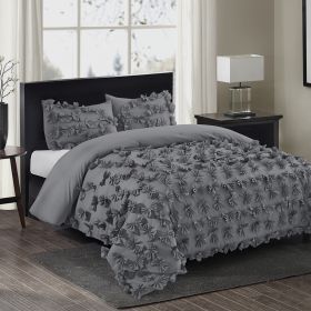 3 Piece Gray Burrterfly Flower Applique Collection Comforter Set (Color: Gray)