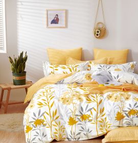 Autumn Yellow Floral 100% Cotton Reversible Comforter Set (size: KING)