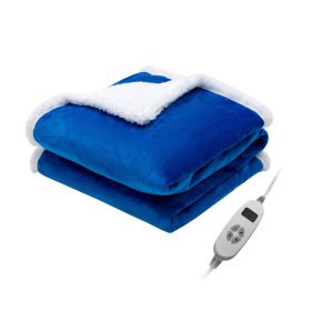 Electric Heated Blanket Throw Reversible Flannel and Sherpa Blanket (Color: Blue)