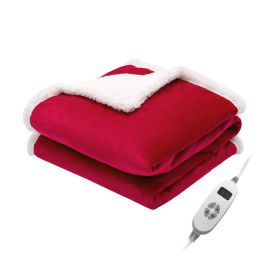 Electric Heated Blanket Throw Reversible Flannel and Sherpa Blanket (Color: Red)